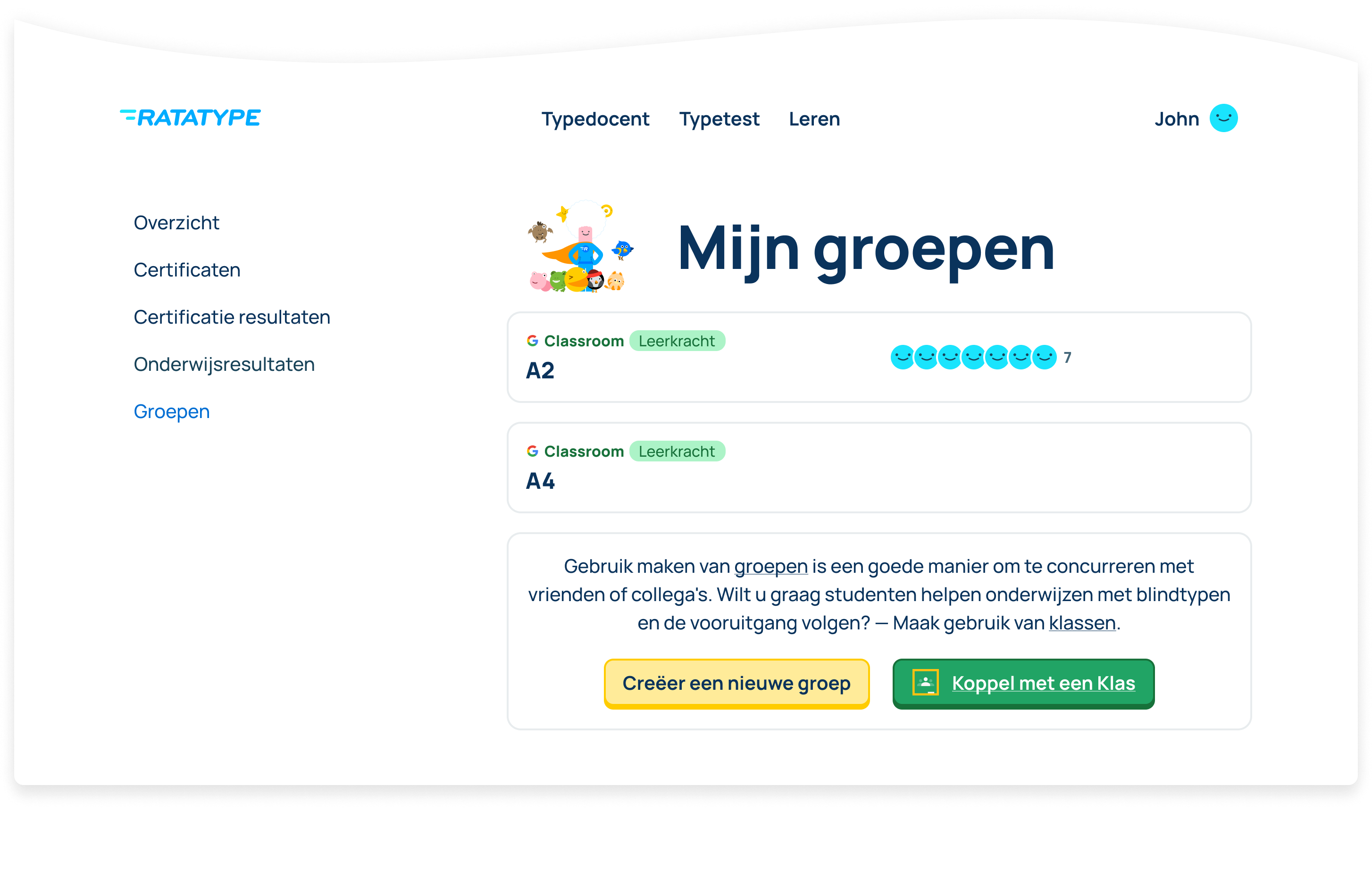 Nu staan de klassen van je Google Classroom-account met alle leerlingen op Ratatype! Je kunt beginnen met lesgeven in aanraaktypen.
